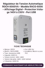 Régulateur de Tension Automatique ROCH 6000VA – Modèle RACG-6000 – Affichage Digital – Protection Voltage 140V à 230V – Port USB – Image 4